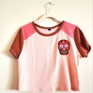 Day Of The Dead Crop Top Medium Soft Pink Sugar Red Skull